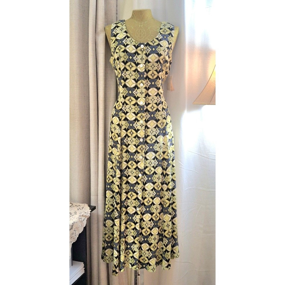 NWT Vtg Dressbarn Maxi Dress Geometric Floral Print Mother Of Pearl Buttons Sz 6